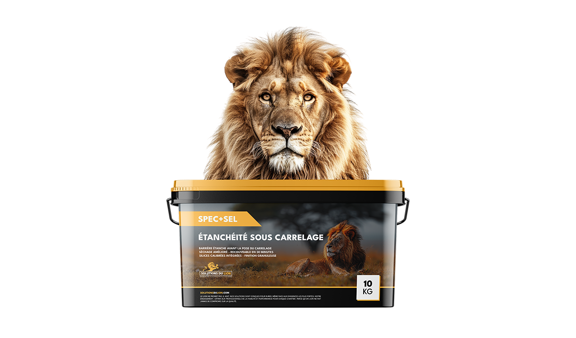 Image d'un lion avec un seau d'étanchéité sous carrelage en dessous de lui